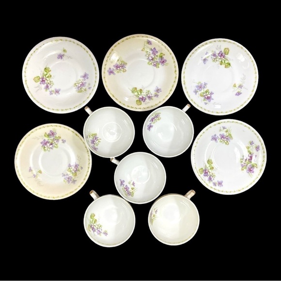 VINTAGE,LIMOGES FRANCE, 5 CUPS & 5 SAUCERS. WHITE BACKGROUND WITH PURPLE VIOLETS - Picture 5 of 8